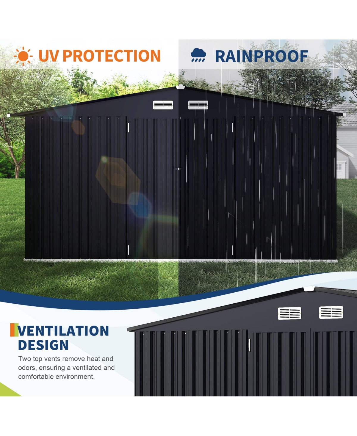 8x10 Ft Outdoor Storage Shed, Heavy Duty Galvanized Steel Tool Room for Patio Backyard Garden Equipment Storage, Grey/Brown
