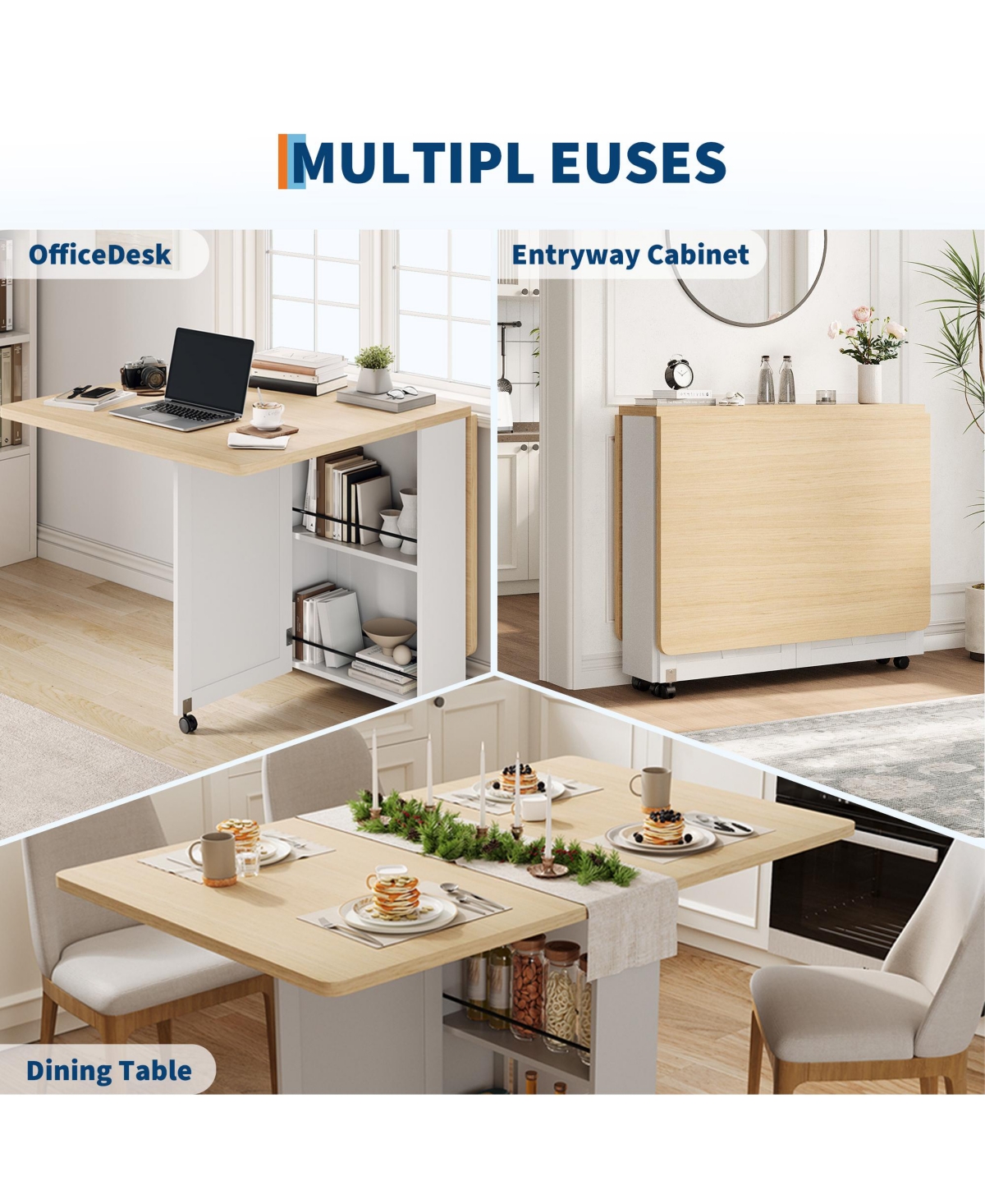 Folding Dining Table with Wheels, Drop Leaf Table with Drawer, Storage Shelves, Space Saving Design for Kitchen, Dining Room, Apartment