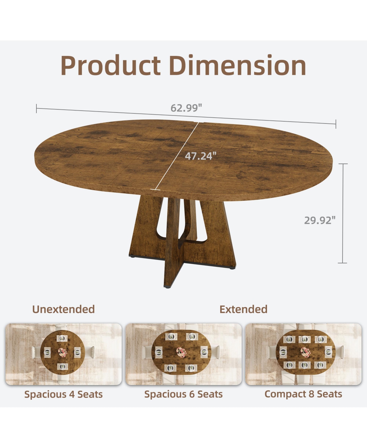 47-63 Inch Extendable Round to Oval Farmhouse Dining Table with Wood Cross Base, Seats 4-8,Brown