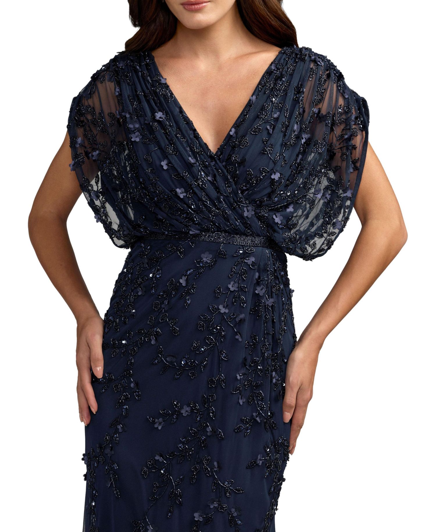 Women's Beaded-Embroidered Floral V-Neck Gown