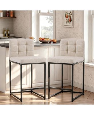 Set of 2 Modern Counter Height Bar Stools, Faux Leather Upholstered Stools with Backrest and Footrest, Armless Design and Metal Legs for Kitchen