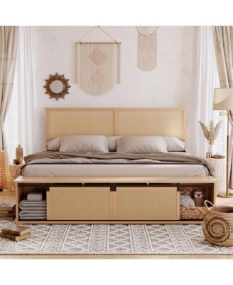 Full Rattan Bed Frame, Rattan Headboard and RGB Led Light, Platform Bed Frame with Sliding Barn Door Storage Bench, Noise Free, No Box Spring Needed