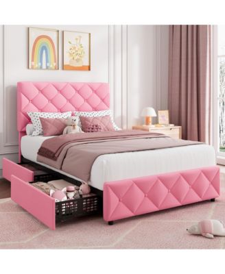 Bed Frame with 4 Storage Drawers and Adjustable Headboard, Linen Upholstered Platform Beds, Diamond Stitched Button Tufted, No Box Spring Needed
