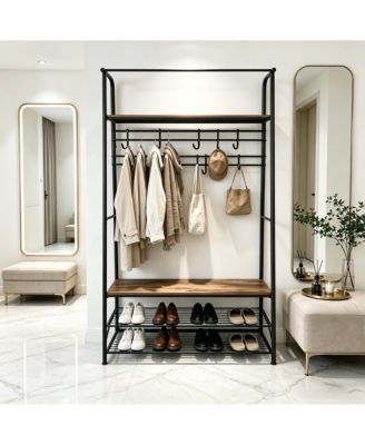Hall Tree with Bench, Entryway Coat Rack Shoe Storage Organizer with 8 Hooks, Stable Metal Frame Space-Saving Mudroom Furniture for Foyer Home
