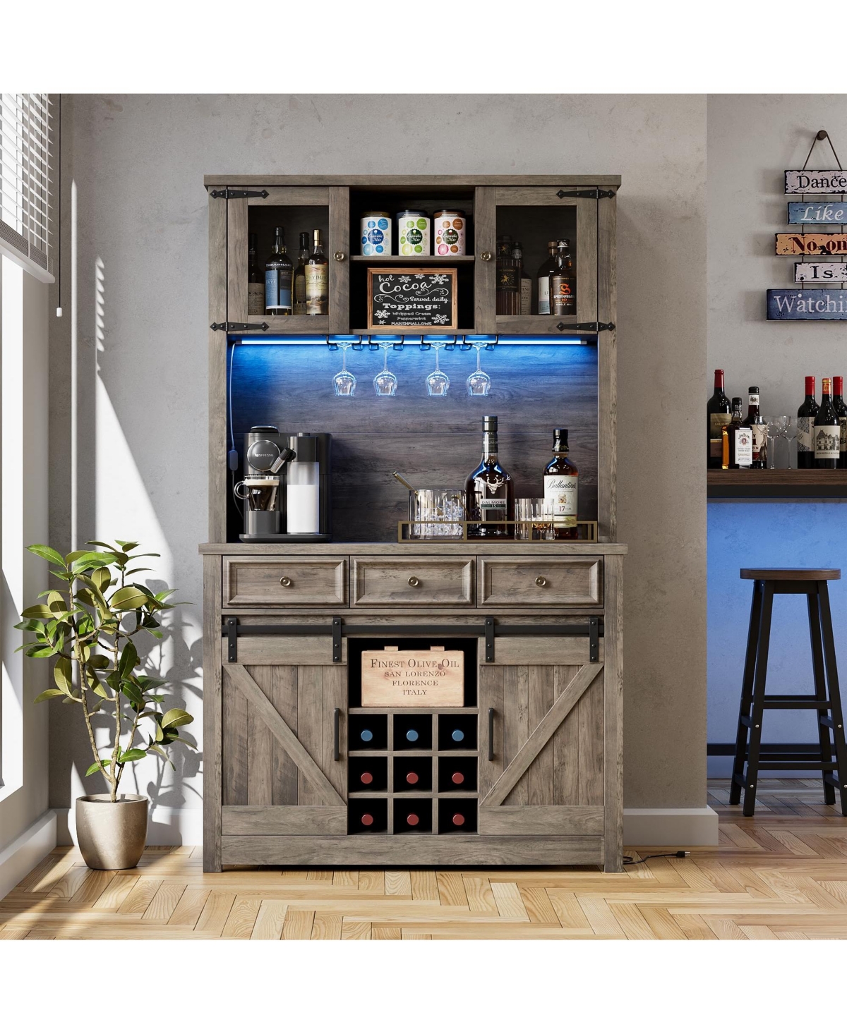 72" Coffee Bar Cabinet with Storage, Kitchen Buffet Hutch, Led Lights, Power Outlets, Sliding Barn Doors, 3 Drawers and Wine Glass Rack for Home Bar