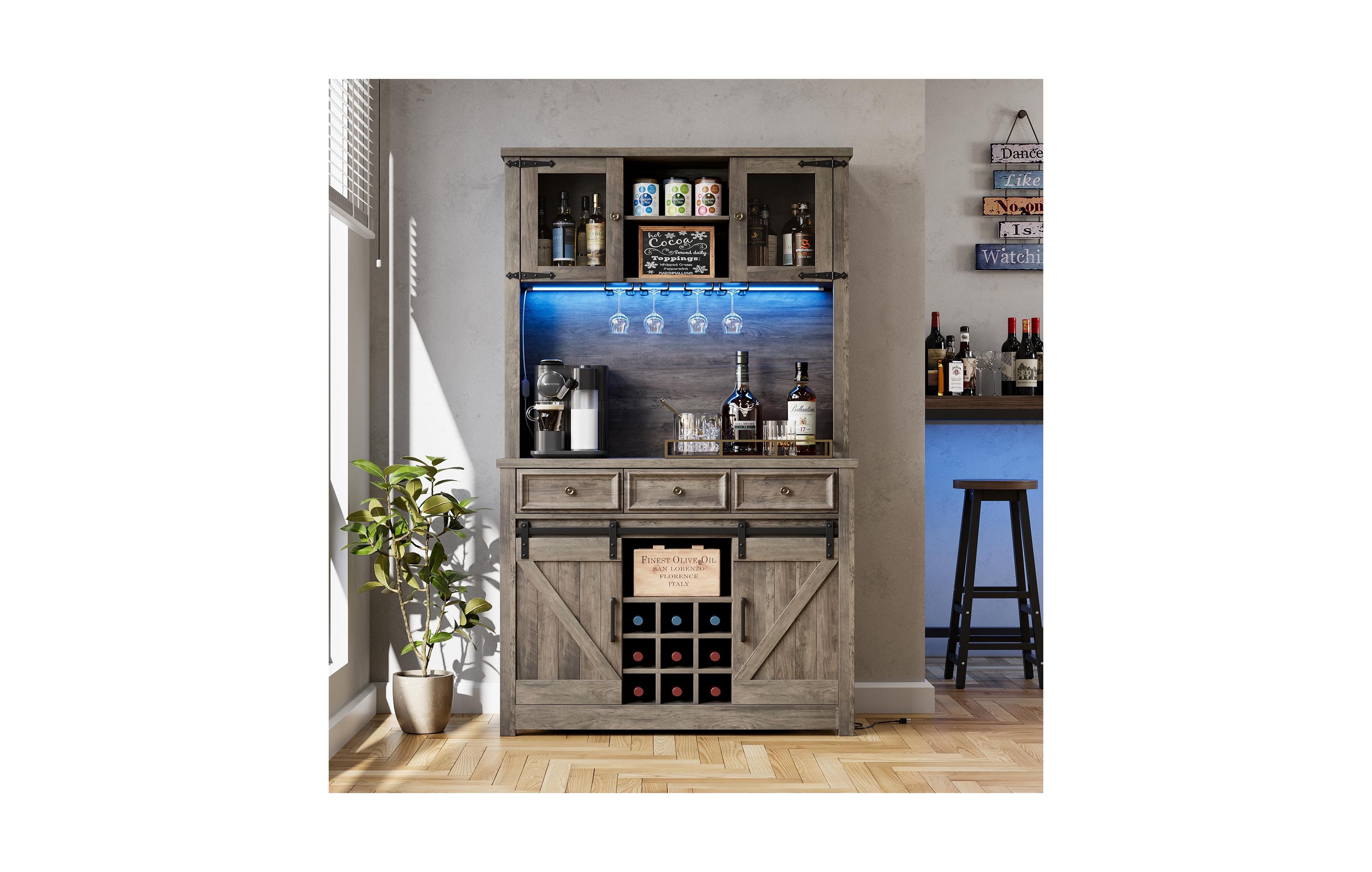 72" Coffee Bar Cabinet with Storage, Kitchen Buffet Hutch, Led Lights, Power Outlets, Sliding Barn Doors, 3 Drawers and Wine Glass Rack for Home Bar