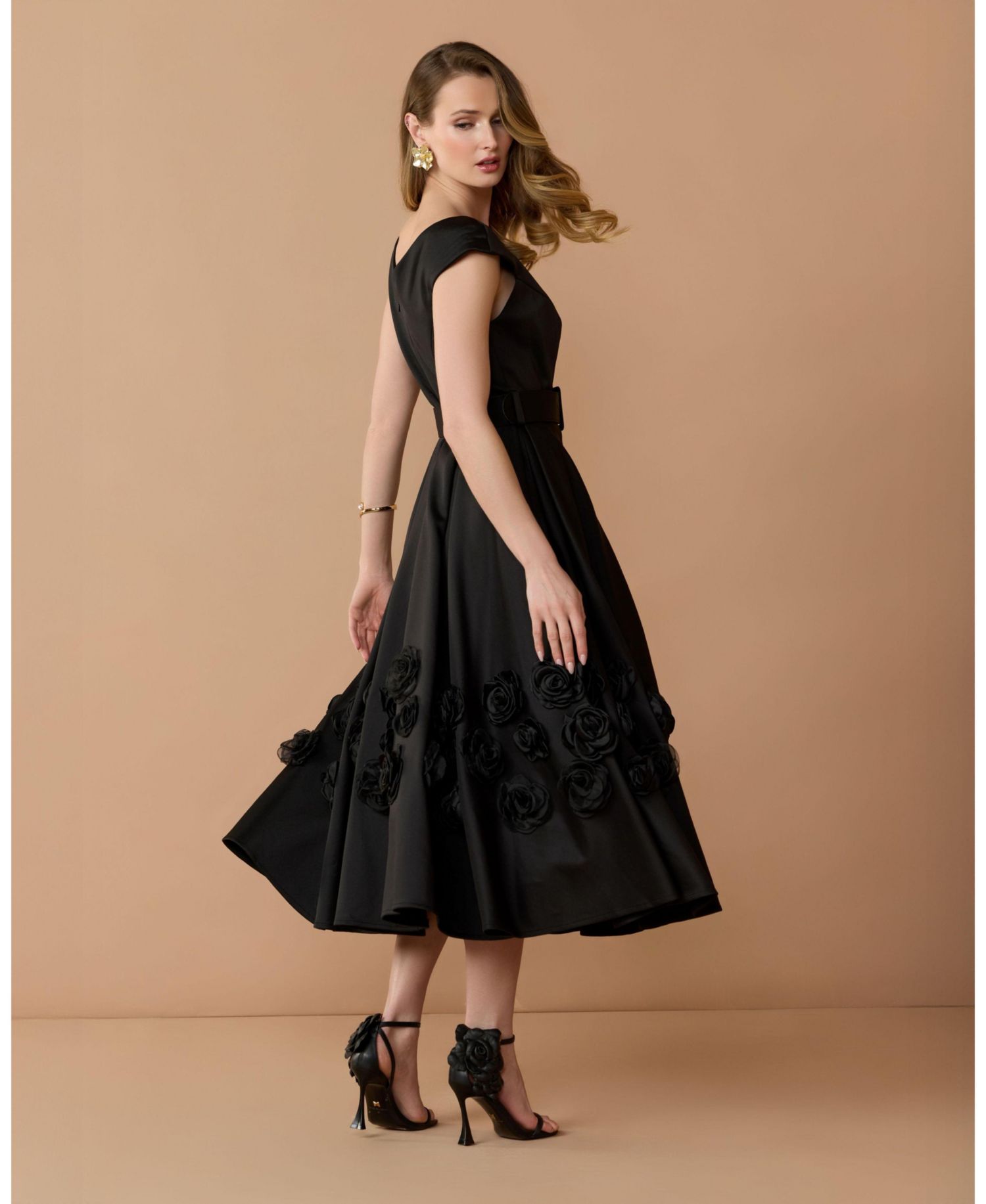 Women's Belted Floral Rosette A-Line Midi Dress