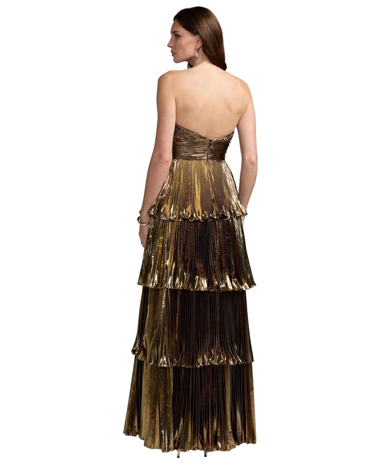 Petite Metallic Pleated Tiered Strapless Gown