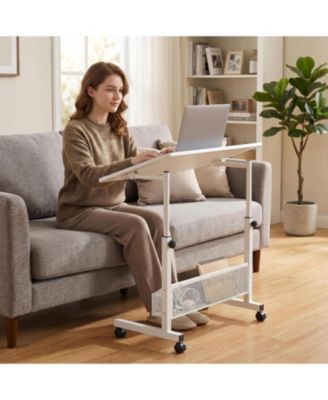Adjustable Height Standing Desk - Mobile Computer Desk with Wheels and Storage Shelves for Home Office and Small Spaces, White