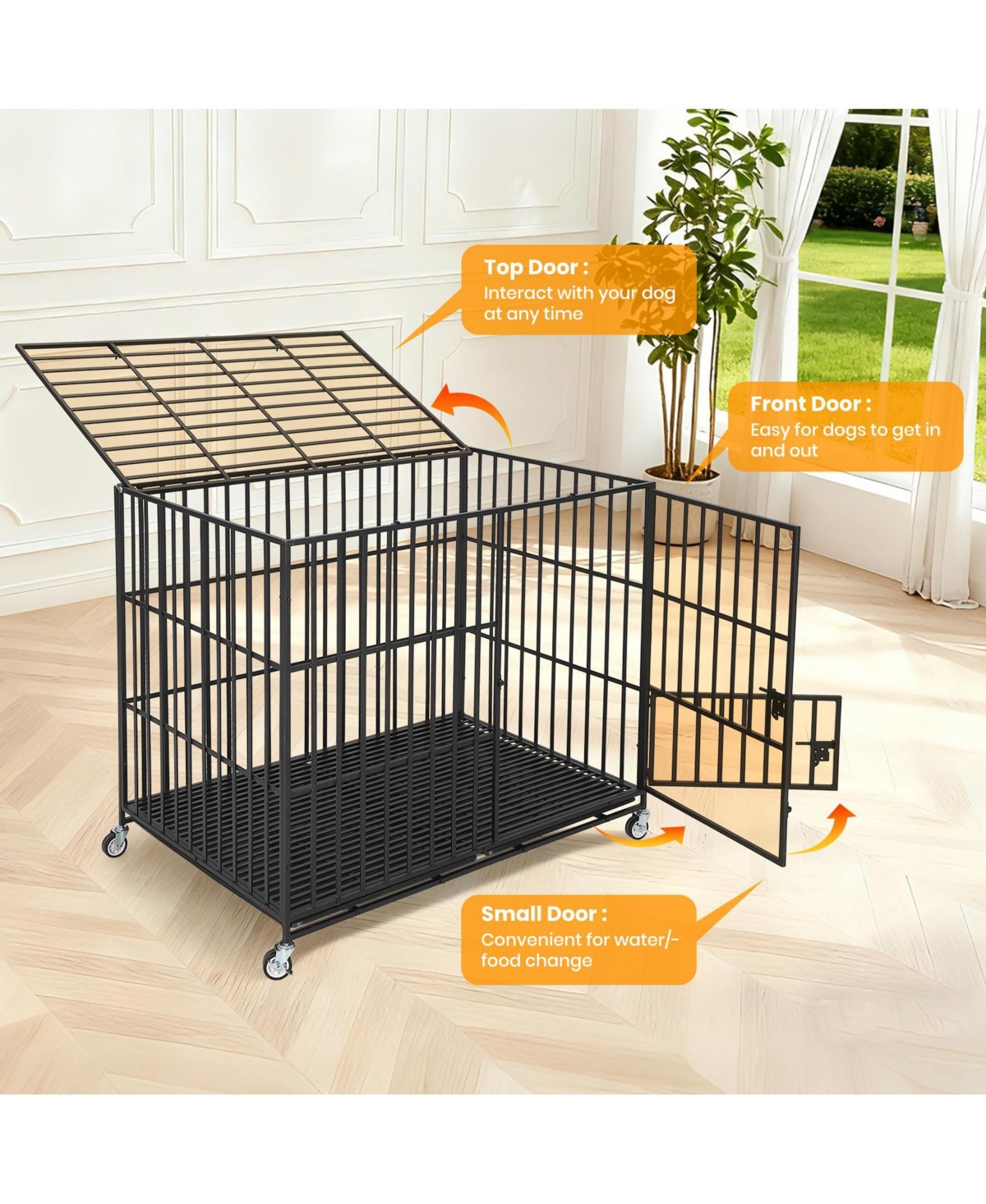 Large Heavy Duty Dog Crate, Large Metal Wire Kennel with Double Doors for Medium Large Dogs, Foldable with Removable Tray