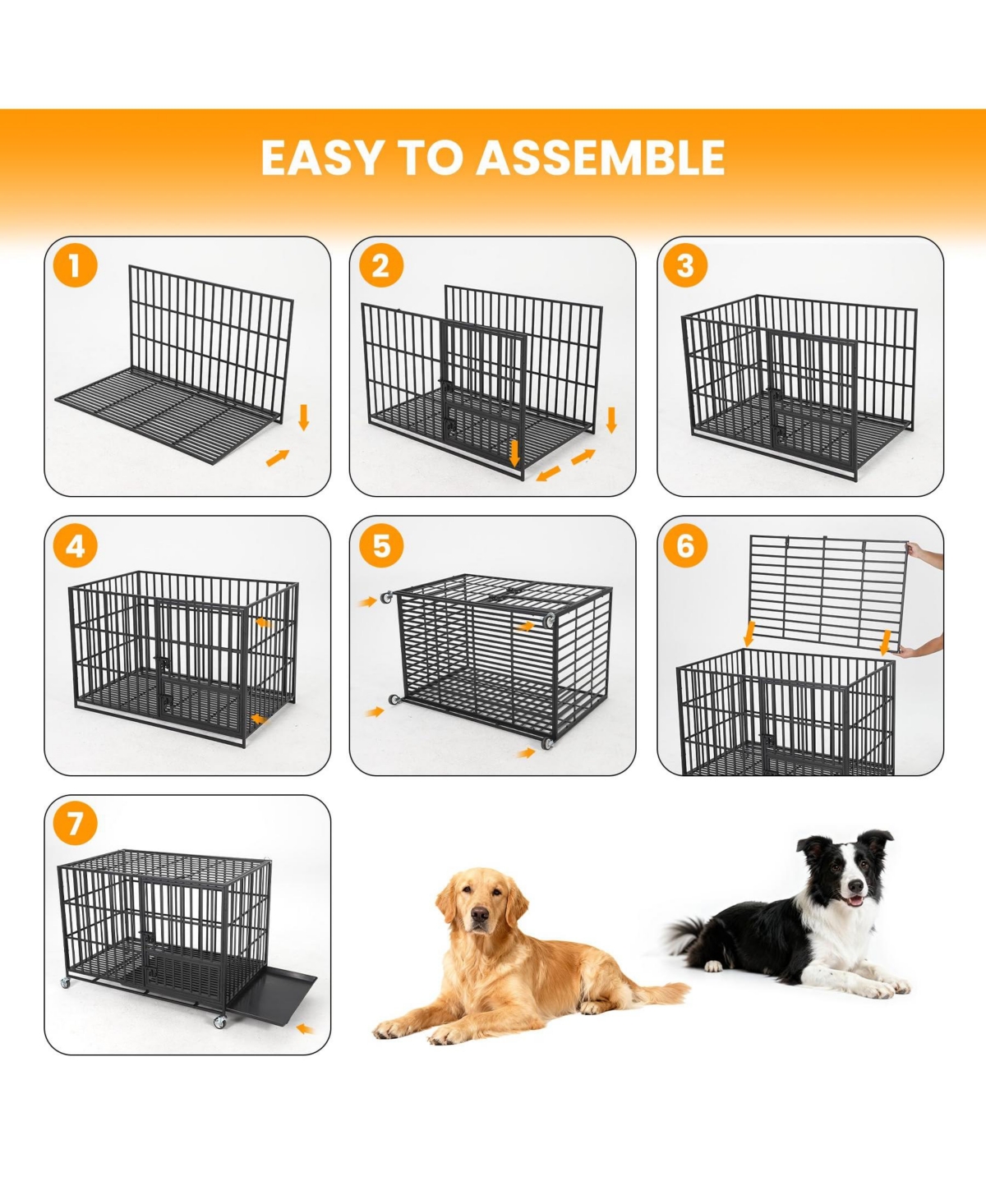 Large Heavy Duty Dog Crate, Large Metal Wire Kennel with Double Doors for Medium Large Dogs, Foldable with Removable Tray