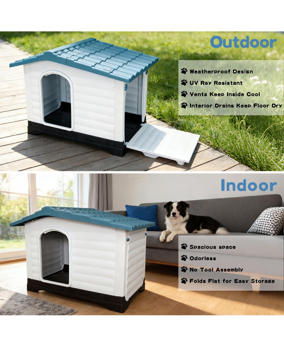 Small/Large Double Door Dog Crate, Indoor Outdoor Pp Pet House for Dogs, Weatherproof Kennel with Locking Doors