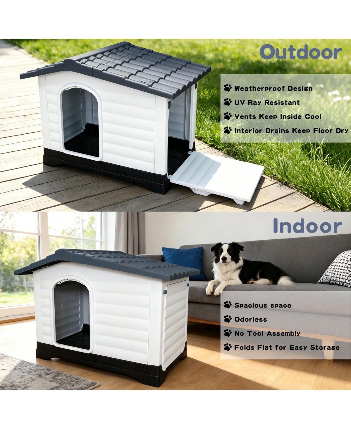 Small/Large Double Door Dog Crate, Indoor Outdoor Pp Pet House for Dogs, Weatherproof Kennel with Locking Doors