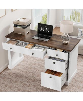 54" Fluted Home Office Desk with File Drawer, Charging Station, Modern Executive Computer Writing Desk for Study Room, White and Brown
