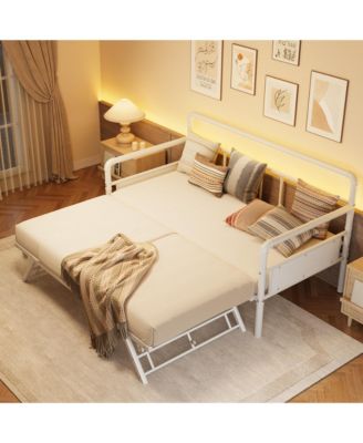 Full Daybed with Pop Up Trundle, White Platform Bed with Headboard, Steel Slat Support, No Box Spring Needed, Versatile Sofa Bed for Living Room