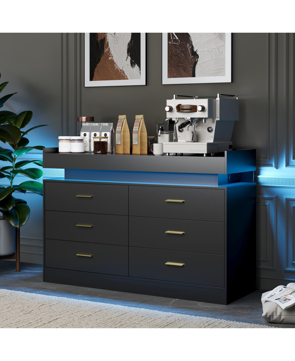 6 Drawer Dresser with Led Light and Raised Top Shelf, Modern Wide Storage Chest with Metal Pulls, Storage Cabinet for Bedroom, Living Room, Entryway