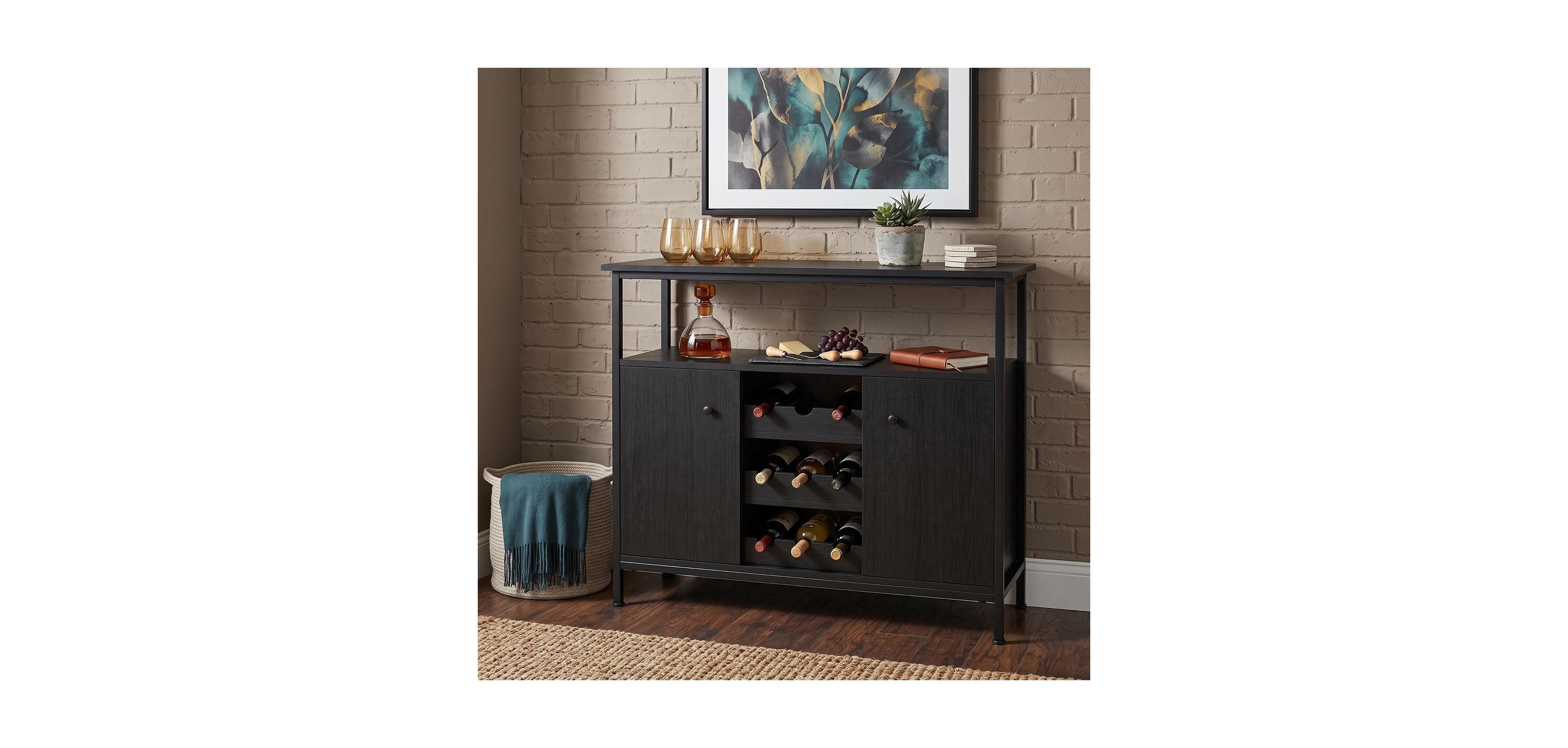 Farmhouse Sideboard Buffet Cabinet with Wine Rack and Adjustable Shelves, Kitchen Storage,Black