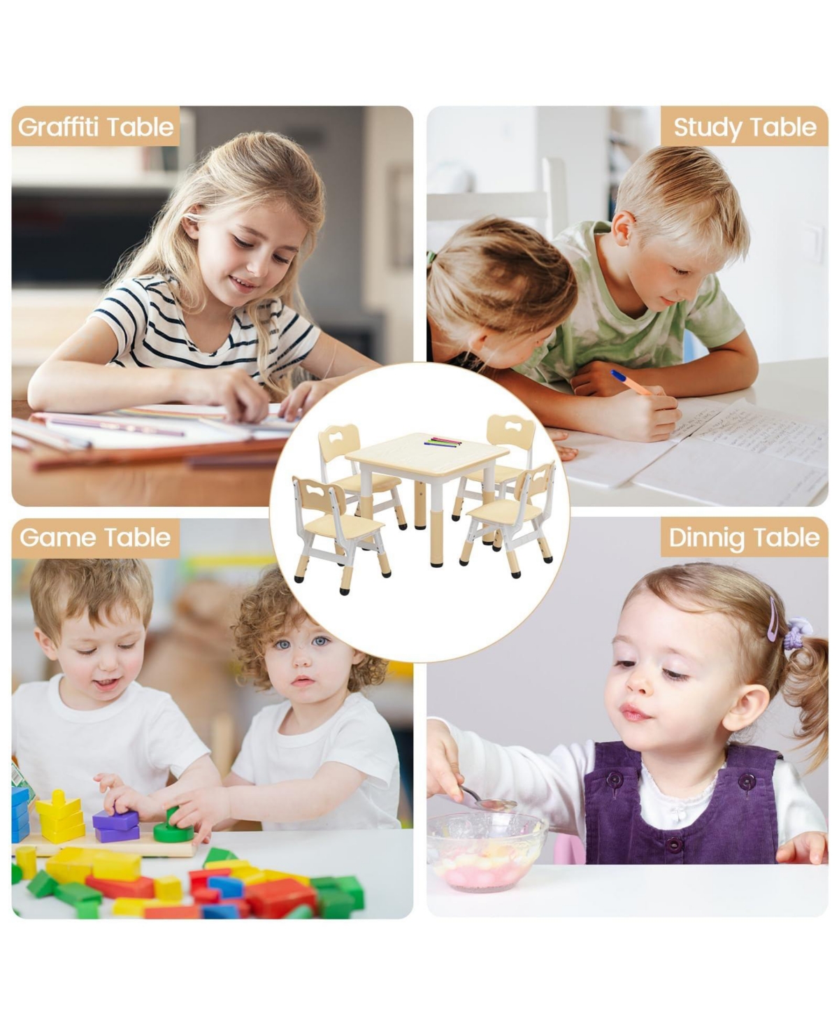 Height Adjustable Kids Table and 4 Chairs Set, Game Study Table with Graffiti Erasable Desktop, Non-Slip Legs for Playroom, Bedroom, Daycare