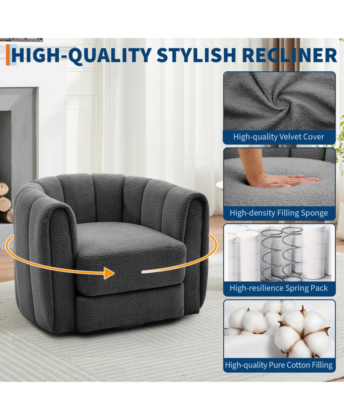 Swivel Barrel Accent Chair, Soft Fleece Upholstered Lounge Armchair with Spacious Base for Living Room, Bedroom, Office, Gray