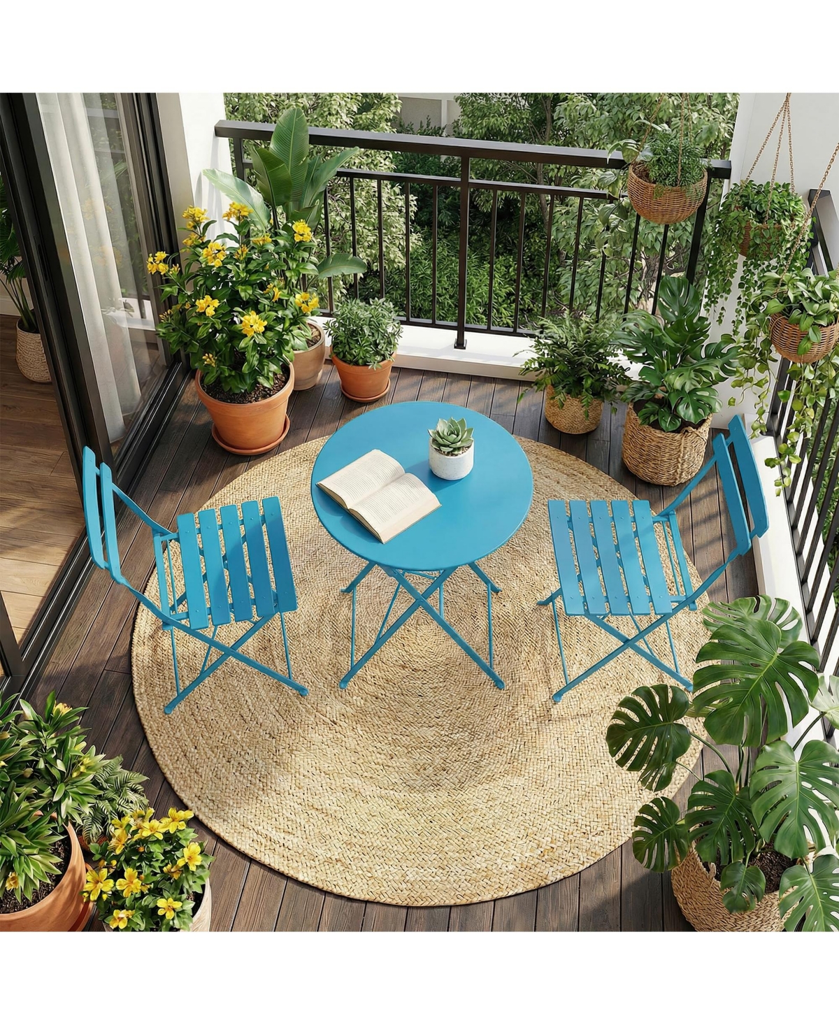 36" x 23" 3-Piece Outdoor Bistro Set with Table and 2 Chairs, Foldable Iron Patio Furniture for Balcony Garden Porch, Blue/Yellow