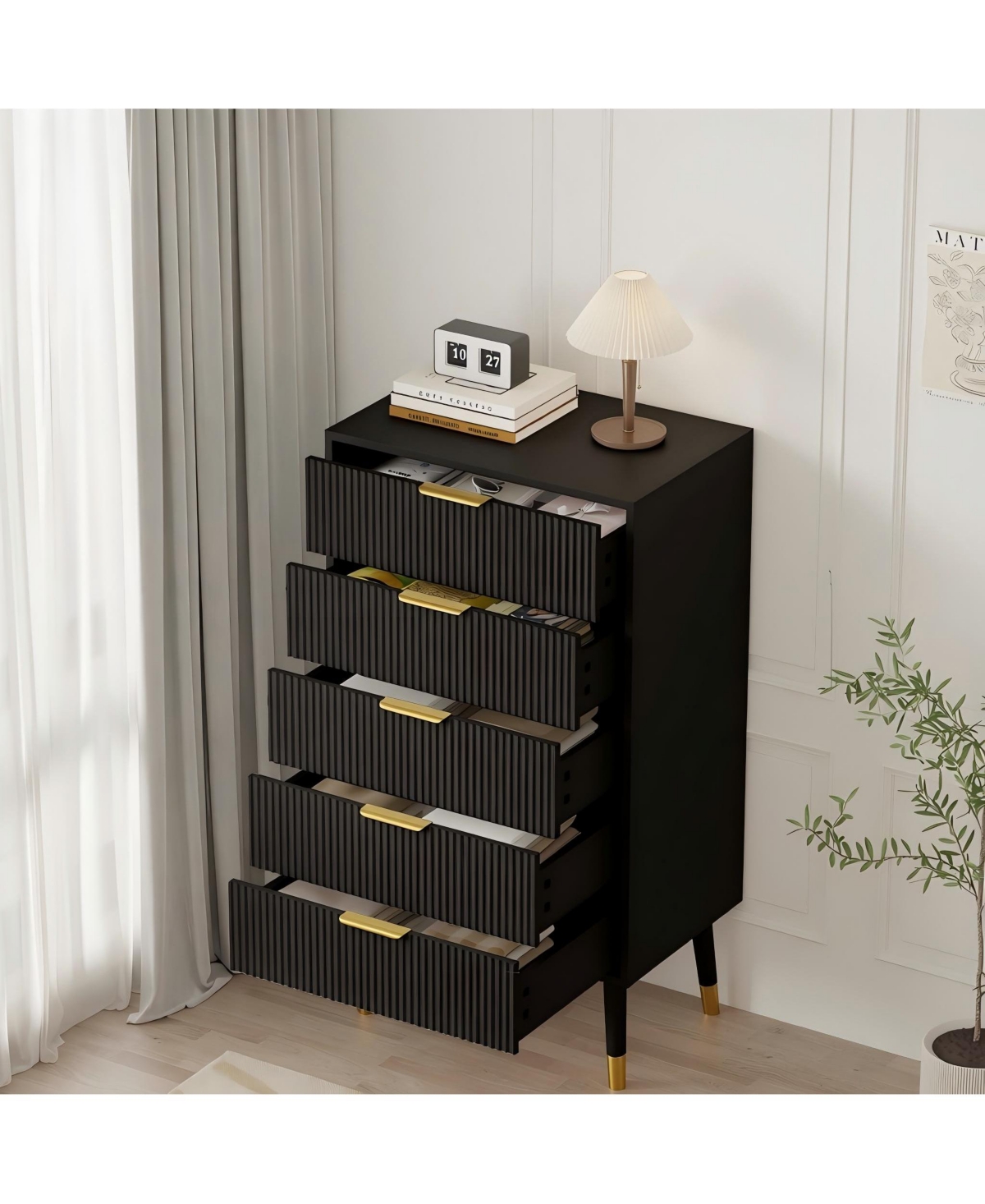 24 x 15 x 42.5 in 2-Pack 5-Drawer Chest with Gold Legs, Engineered Wood Dresser Storage for Bedroom Hallway Living Room, Black