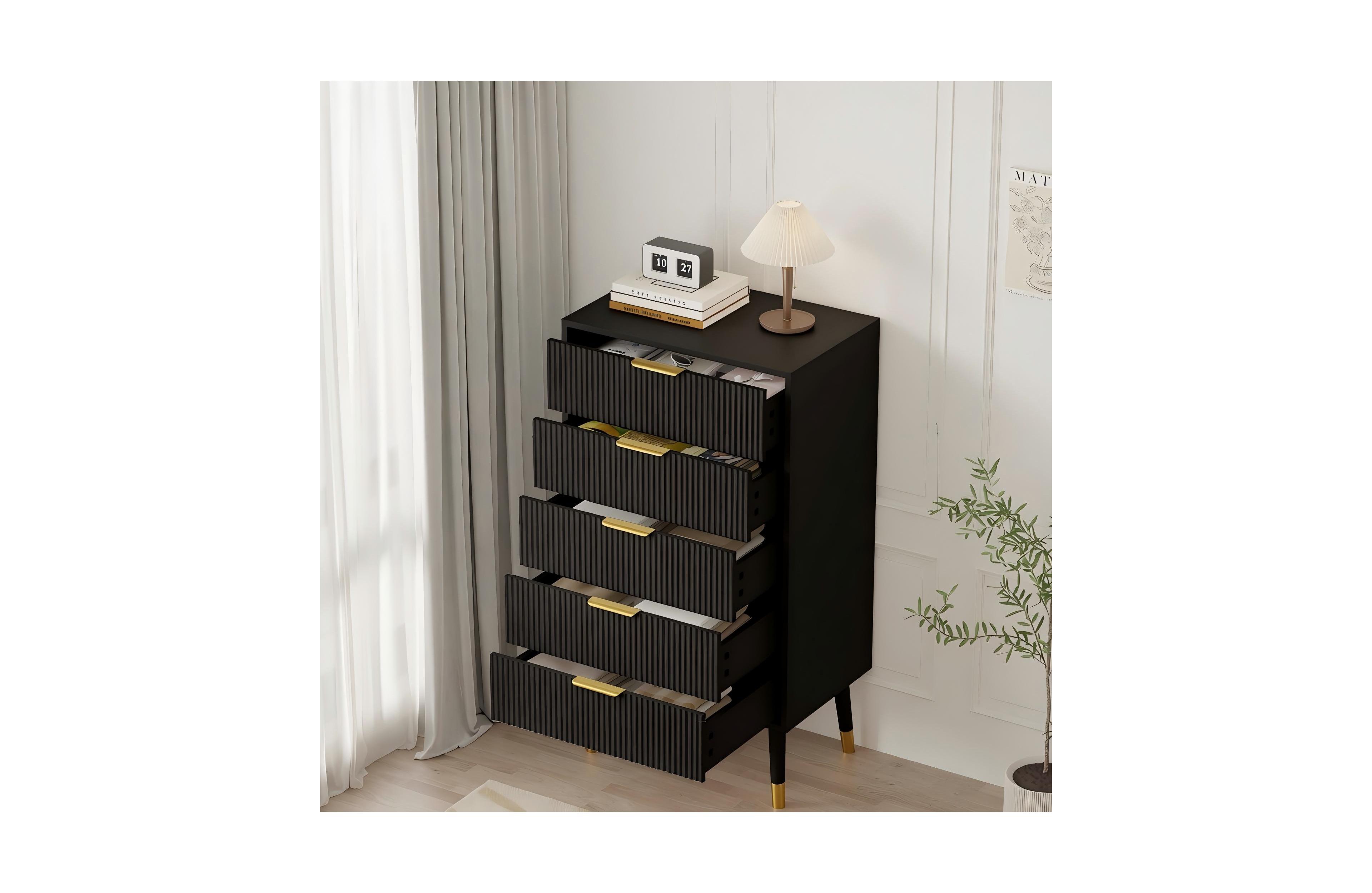 24 x 15 x 42.5 in 2-Pack 5-Drawer Chest with Gold Legs, Engineered Wood Dresser Storage for Bedroom Hallway Living Room, Black