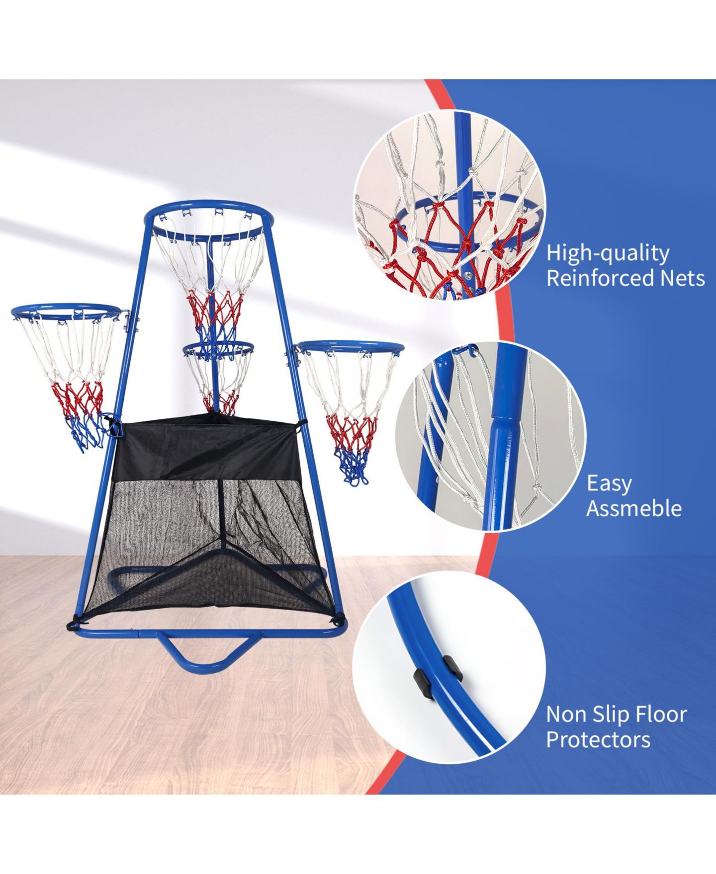Детская игрушка homfan Compact Adjustable Basketball Hoop Stand, Metal Frame, Indoor-Outdoor with 4 Hoops and 2 Basketballs, Ages 3+ — фото 3