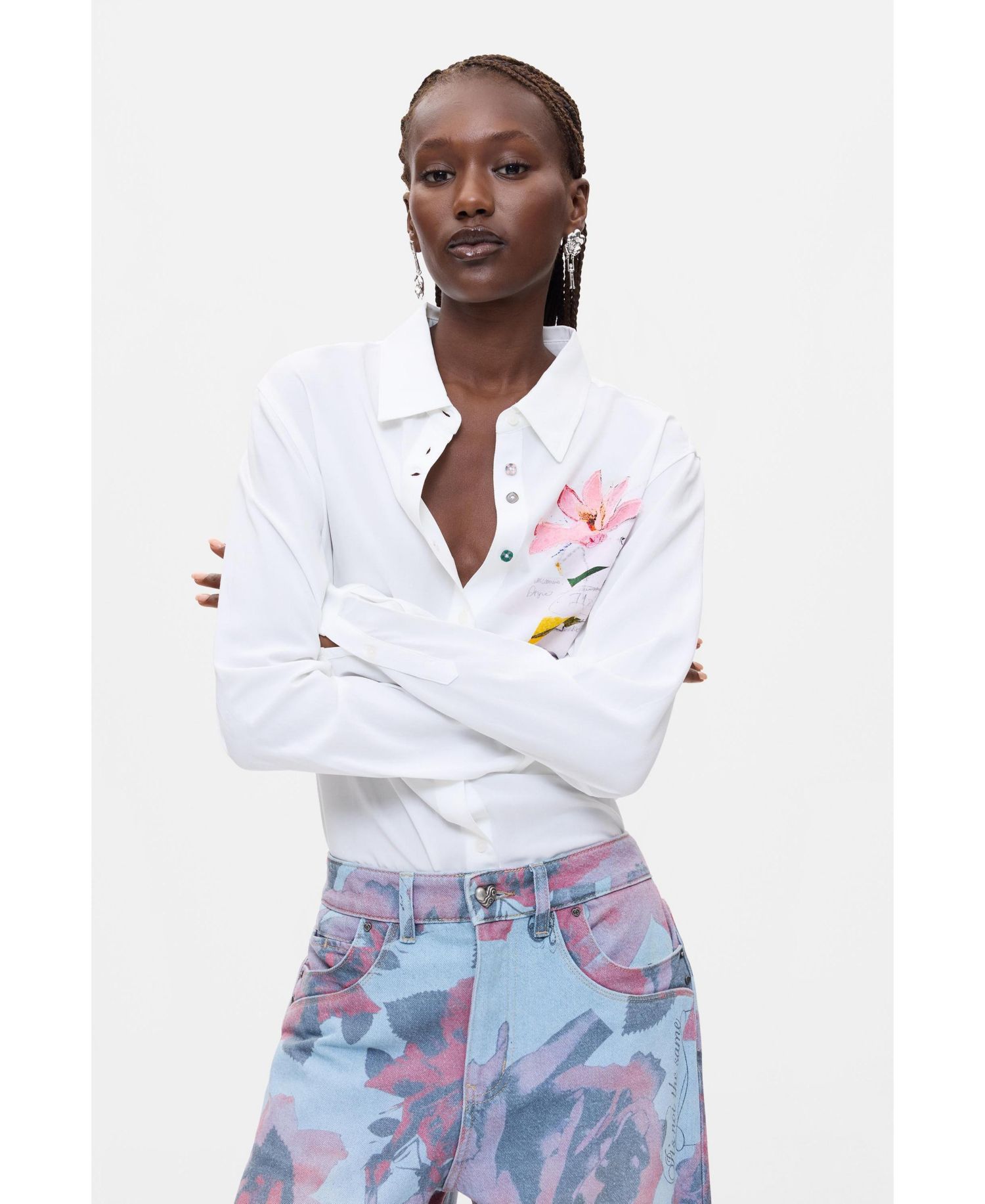 Women's Floral-Print High-Waisted Wide-Leg Jeans