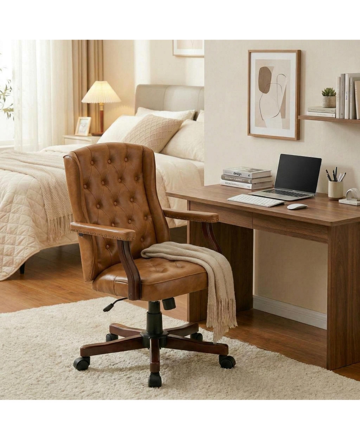 Mid-Century Faux Leather Wingback Office Chair, Tufted and Adjustable Height, Brown