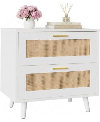 Rattan Nightstand with Charging Station - 2-Drawer Bedside Table, 23.6" with 2AC+2USB, Boho Style, White