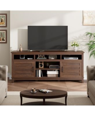 63" Farmhouse TV Stand with Adjustable Shelves and Cabinet Doors, Entertainment Center for Living Room,Brown