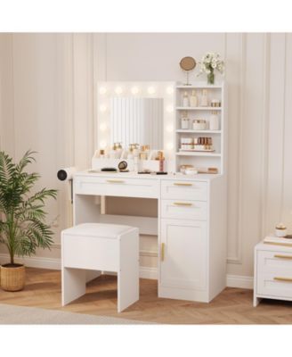 Vanity Desk Mirror and LED Lights, 3 Drawers, Cabinet, Cushioned Chair, Adjustable Brightness, Power Outlet, Hairdryer Holder, Bedroom Small Spaces