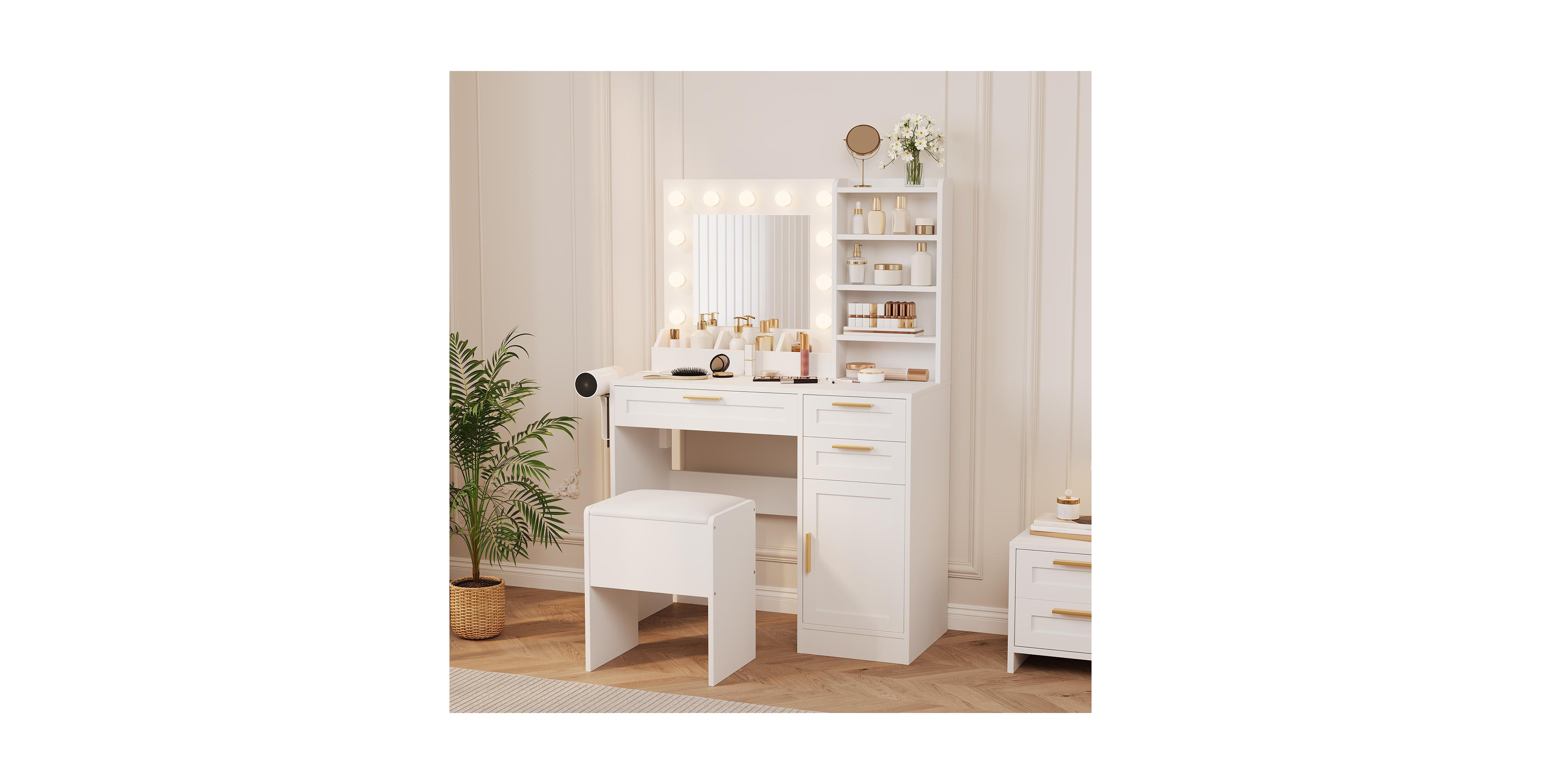 Vanity Desk Mirror and Led Lights, 3 Drawers, Cabinet, Cushioned Chair, Adjustable Brightness, Power Outlet, Hairdryer Holder, Bedroom Small Spaces