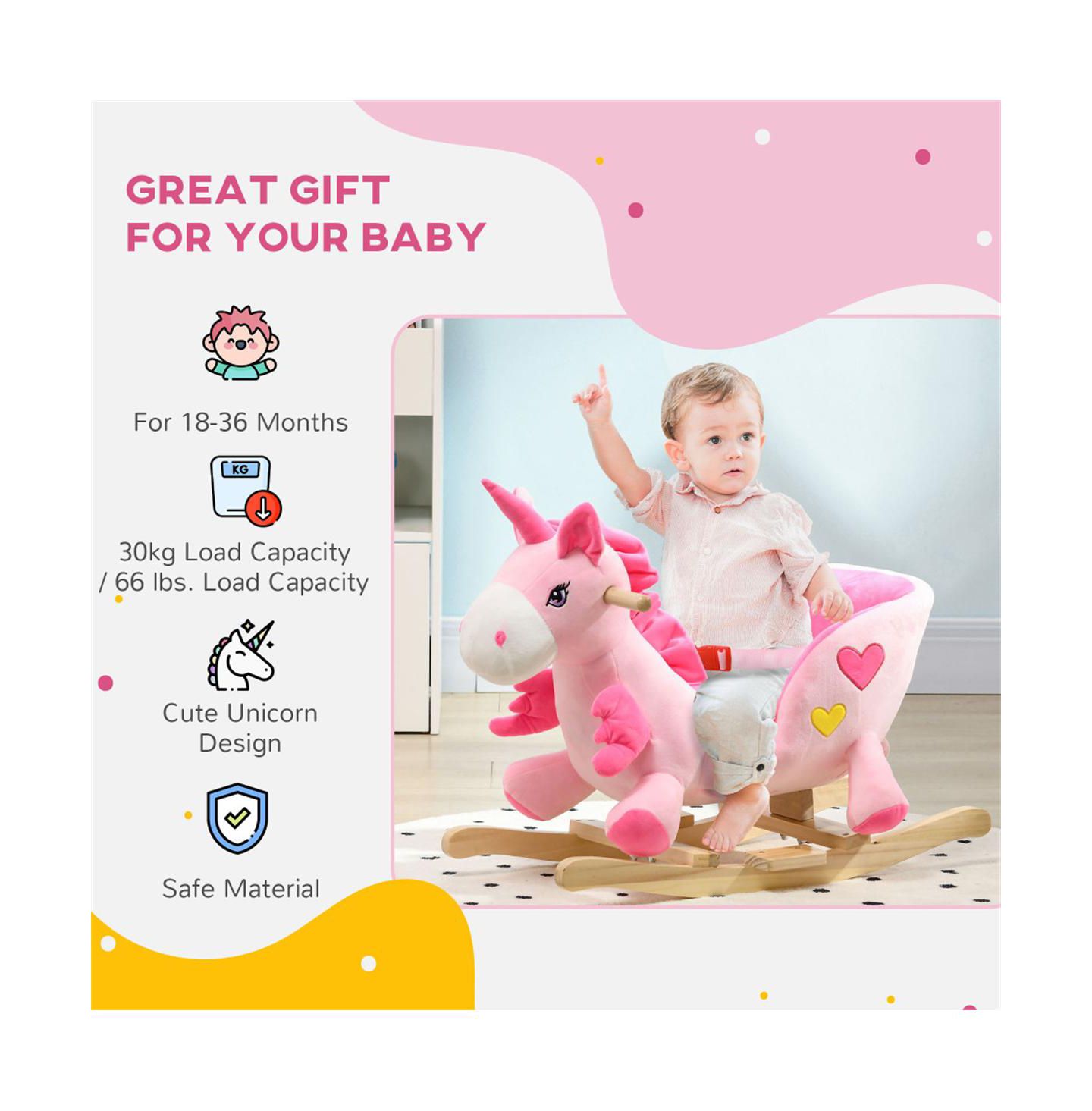 YOBTOP Baby Rocking Horse, Ride on Unicorn with 32 Songs, Toddler Rocker Toy with Wooden Base Seat Safety Belt, цвет: Розовый — фото 6