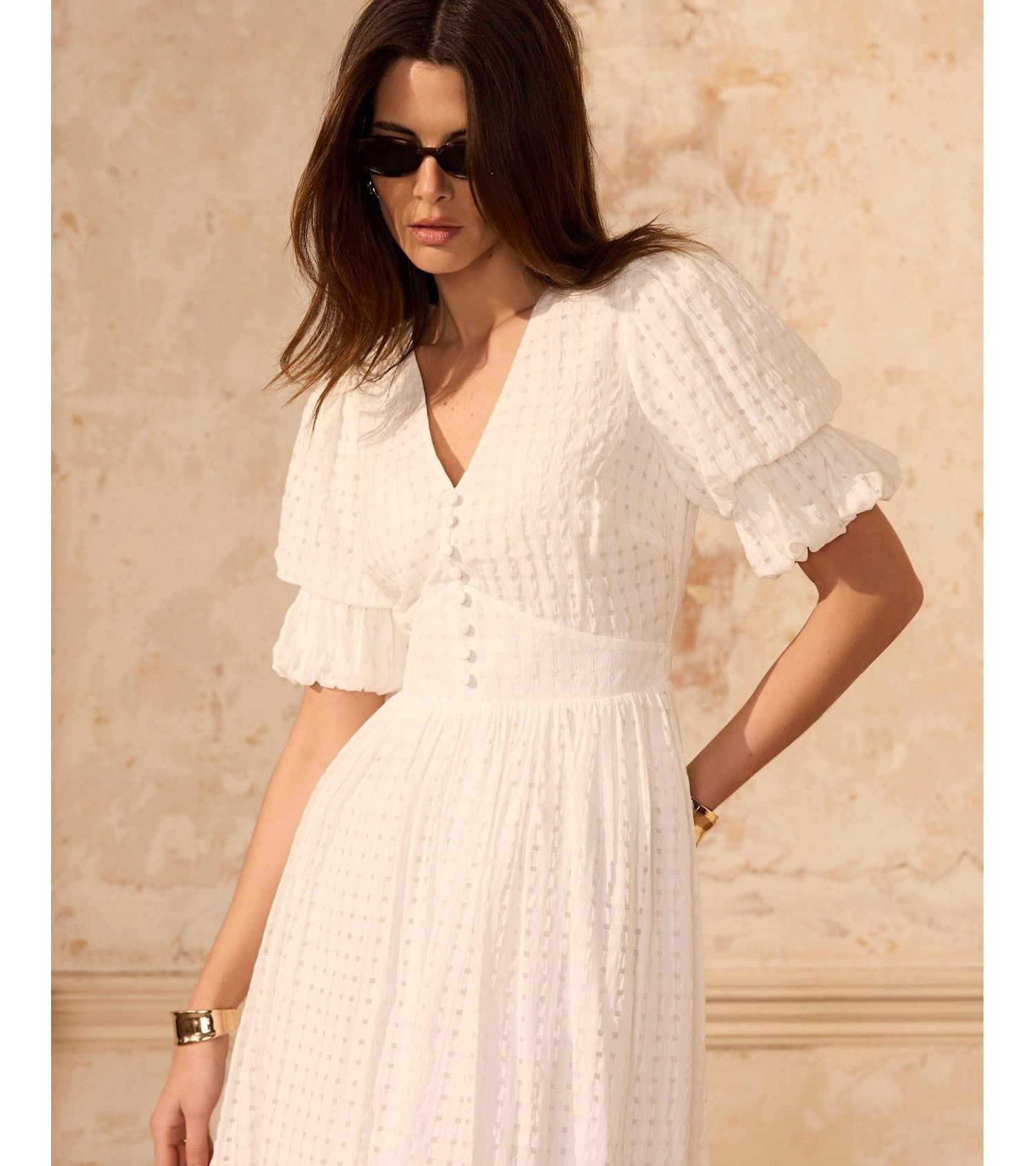 Women's Checked Puff-Sleeve V-Neck Midi Dress