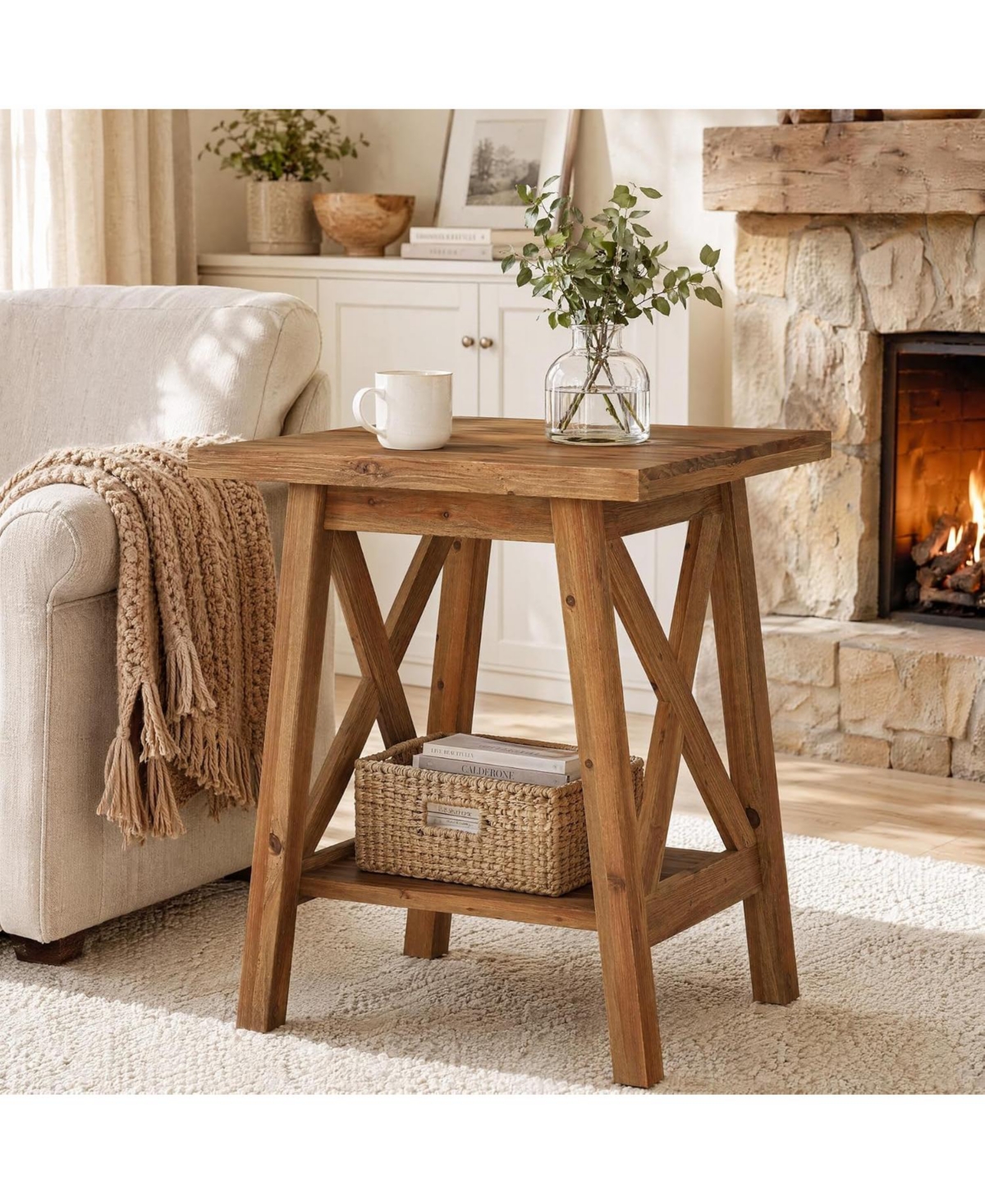 Tribesigns Solid Wood End Table, Square Side Table,2-Tier,Farmhouse