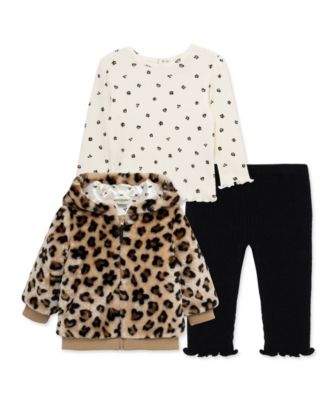 Baby Girls' Leopard Print Hooded Jacket, Leopard Print Top and Pants, 3-Piece Set