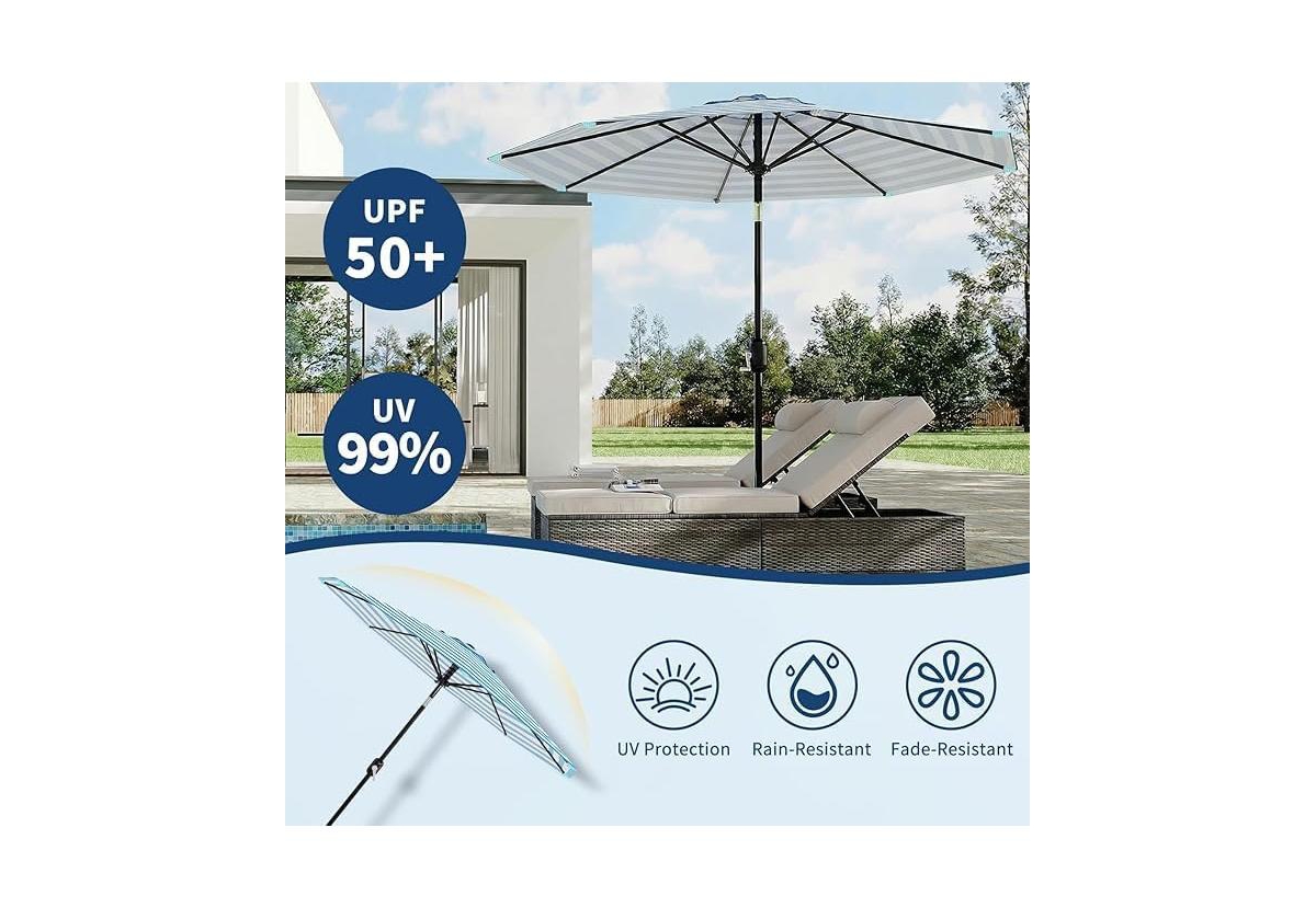 homfan 9 Feet Patio Umbrella, Outdoor Market Umbrella with Push Button Tilt and Crank, 8-Rib Iron Frame, Stripe