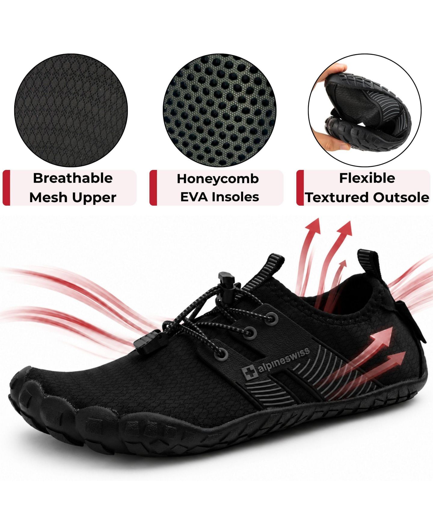 Мужские кроссовки Alpine Swiss Quick-Dry Water Shoes Non-Slip Lightweight Beach Barefoot, цвет: Чёрный — фото 5
