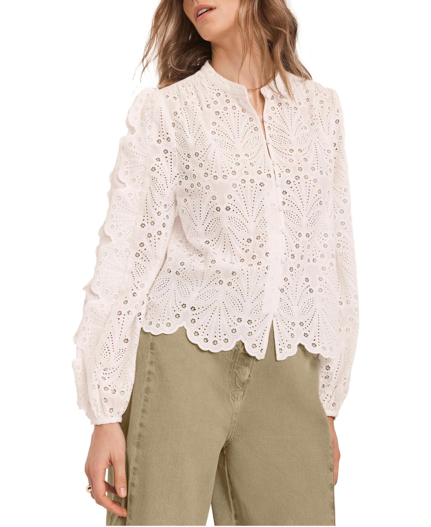 Women's Broderie Anglaise V-Neck Scalloped-Hem Blouse