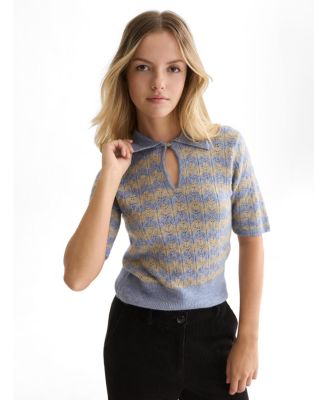 Women's Pointelle Stitch Short Sleeve Pullover, Stonewash Stripe