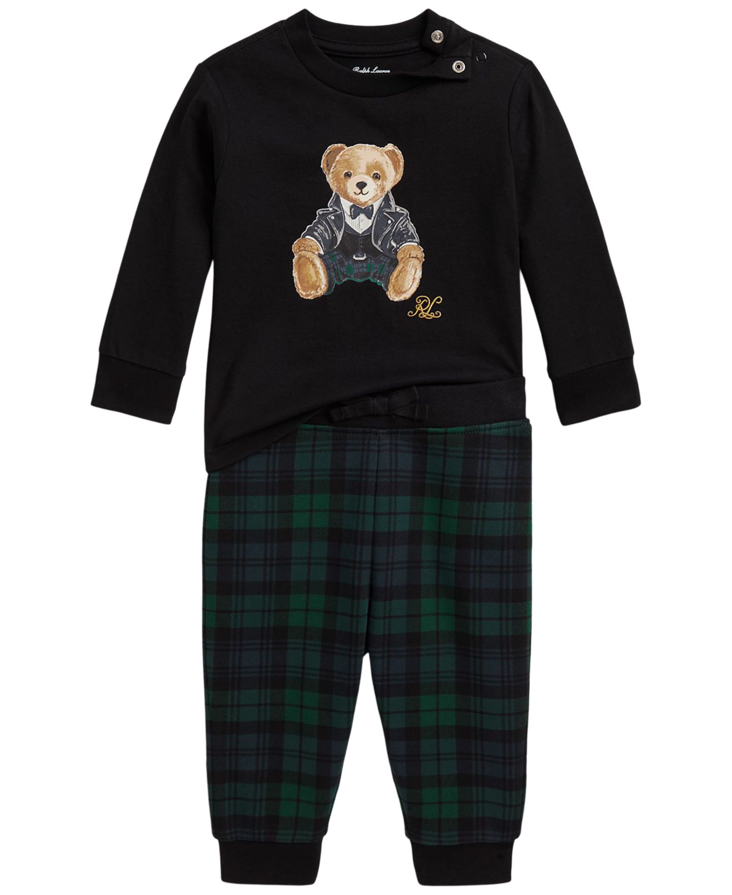 Комплект Polo Ralph Lauren Polo Bear для мальчика: свитшот и клетчатые флисовые брюки, цвет: Чёрный — фото 1