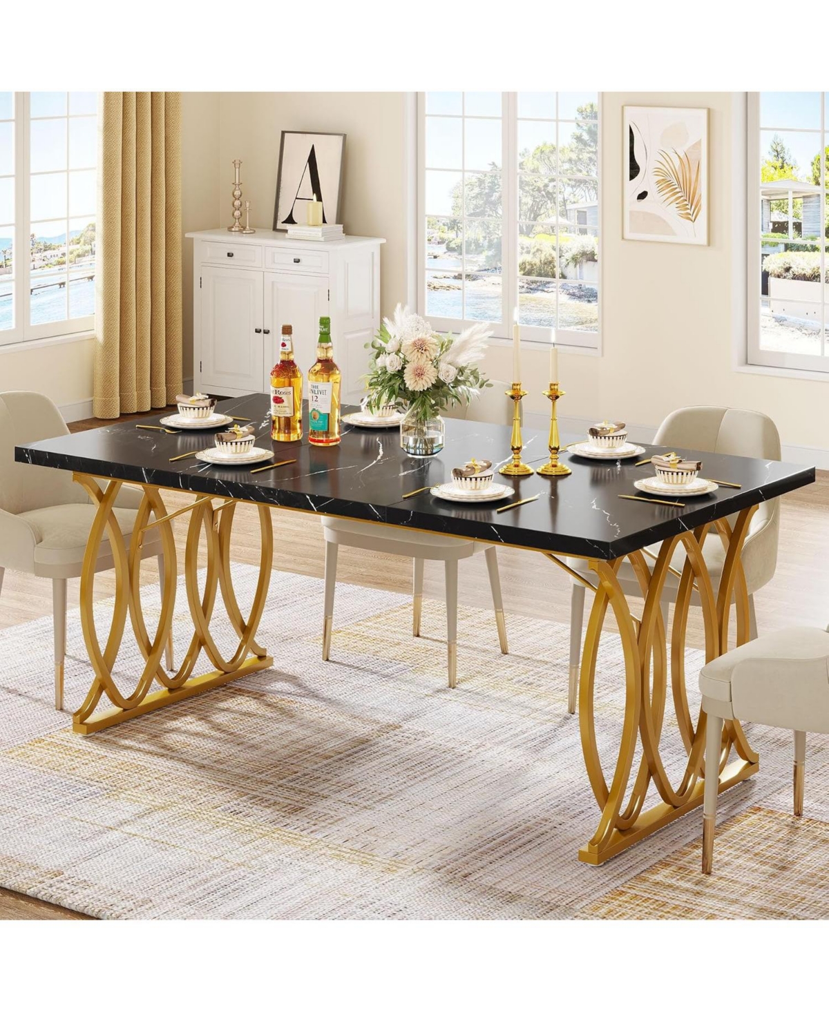 Tribesigns Modern Dining Table, 63" Large Kitchen Table for 4-6 People, Unique Rectangular Dinner Table Kitchen & Dining Room Furniture with Faux Marb