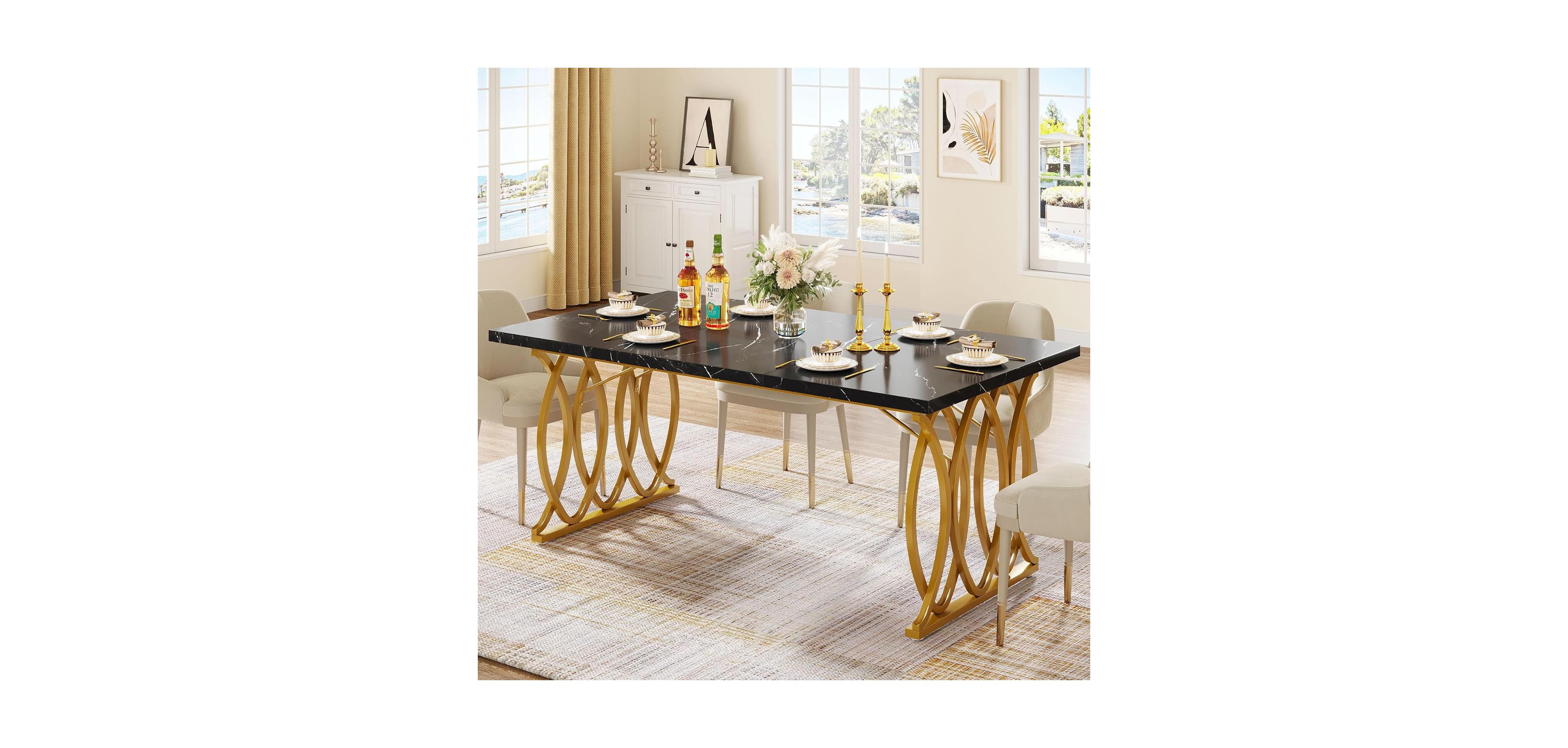 Tribesigns Modern Dining Table, 63" Large Kitchen Table for 4-6 People, Unique Rectangular Dinner & Room Furniture with Faux Marb
