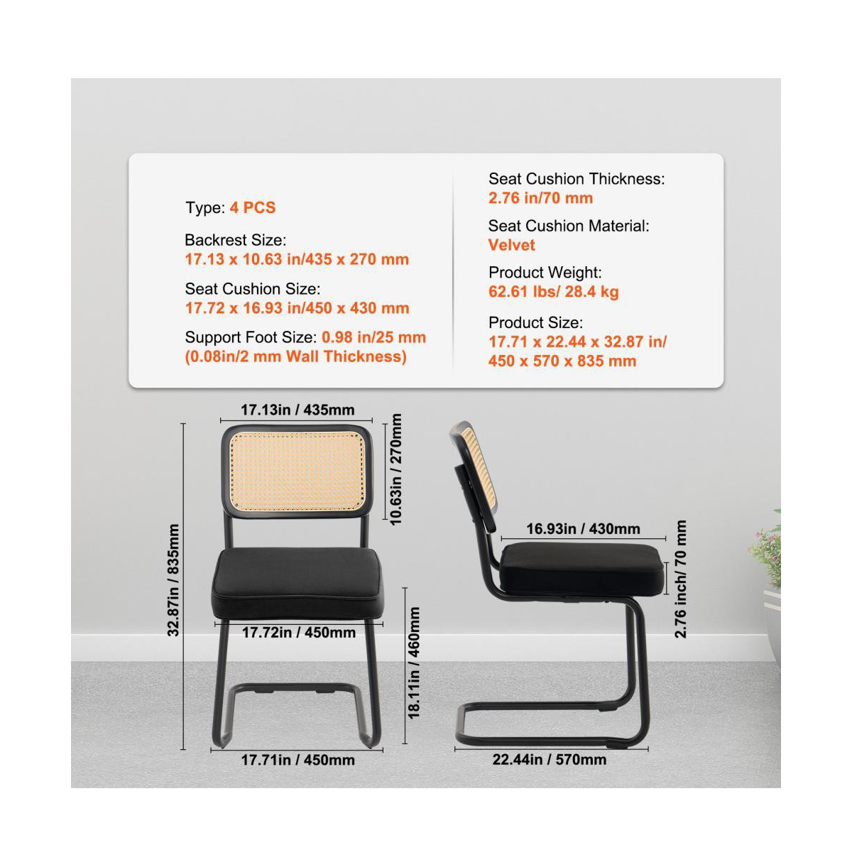 Slickblue Set of 4 Rattan Dining Chairs with Velvet Upholstered Seats