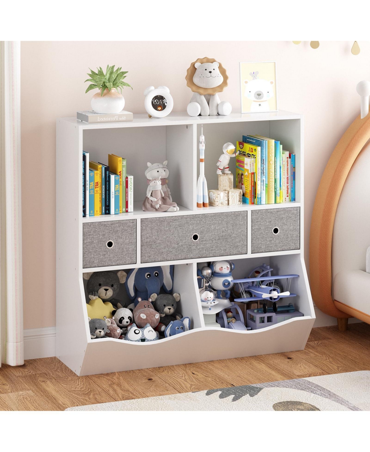 gaomon 2Pcs White Kids Toy Storage Organizer Shelf with 7 Compartments and 3 Fabric Drawers, Wooden Bookcase Cabinet for Playroom Bedroom Hallway