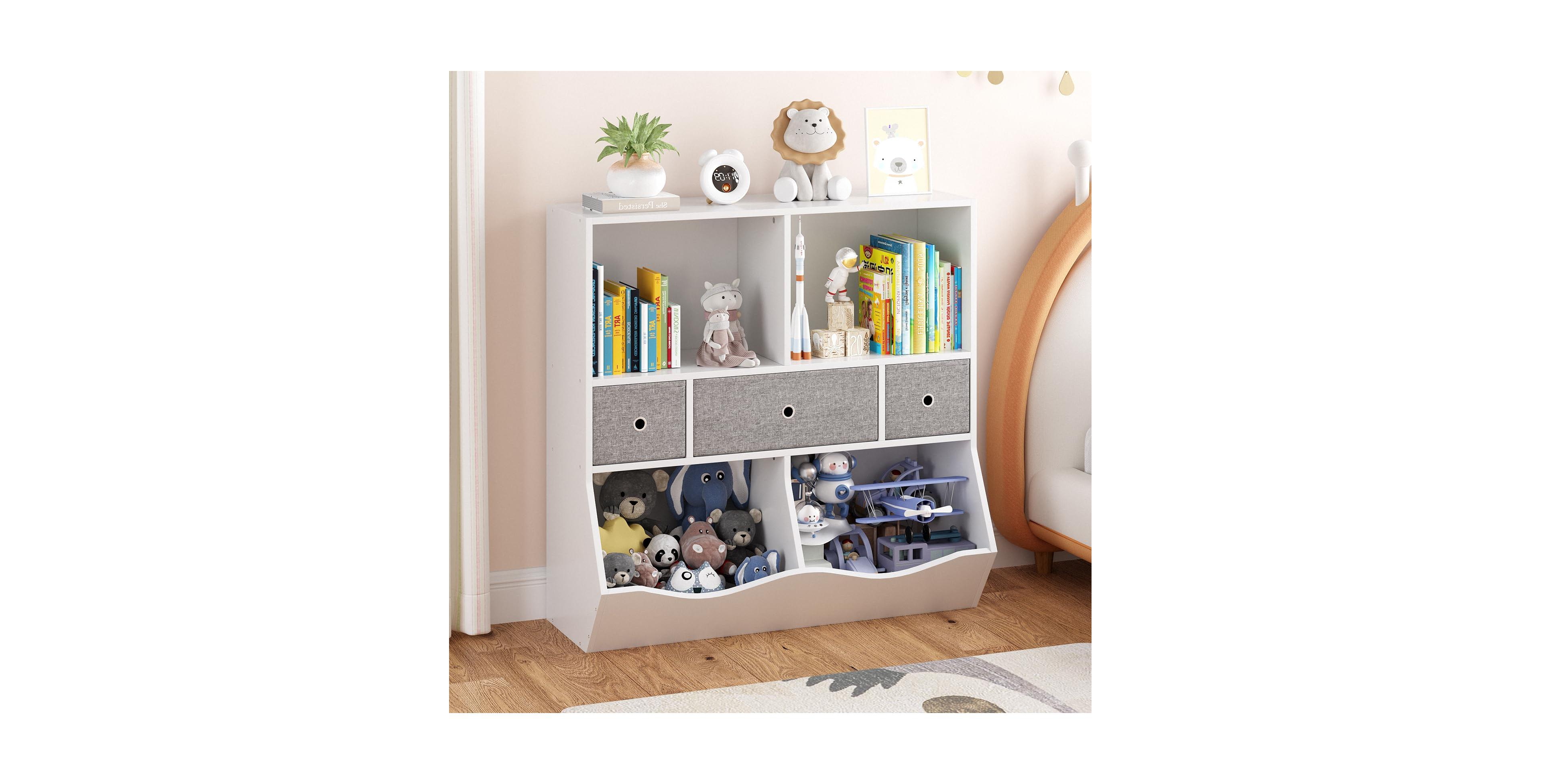 gaomon 2Pcs White Kids Toy Storage Organizer Shelf with 7 Compartments and 3 Fabric Drawers, Wooden Bookcase Cabinet for Playroom Bedroom Hallway