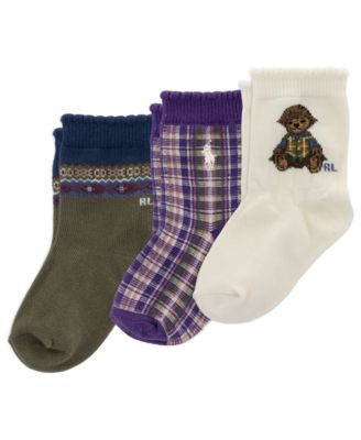Baby Girls' Polo Bear Plaid Fair Isle Crew Socks, 3-Pack