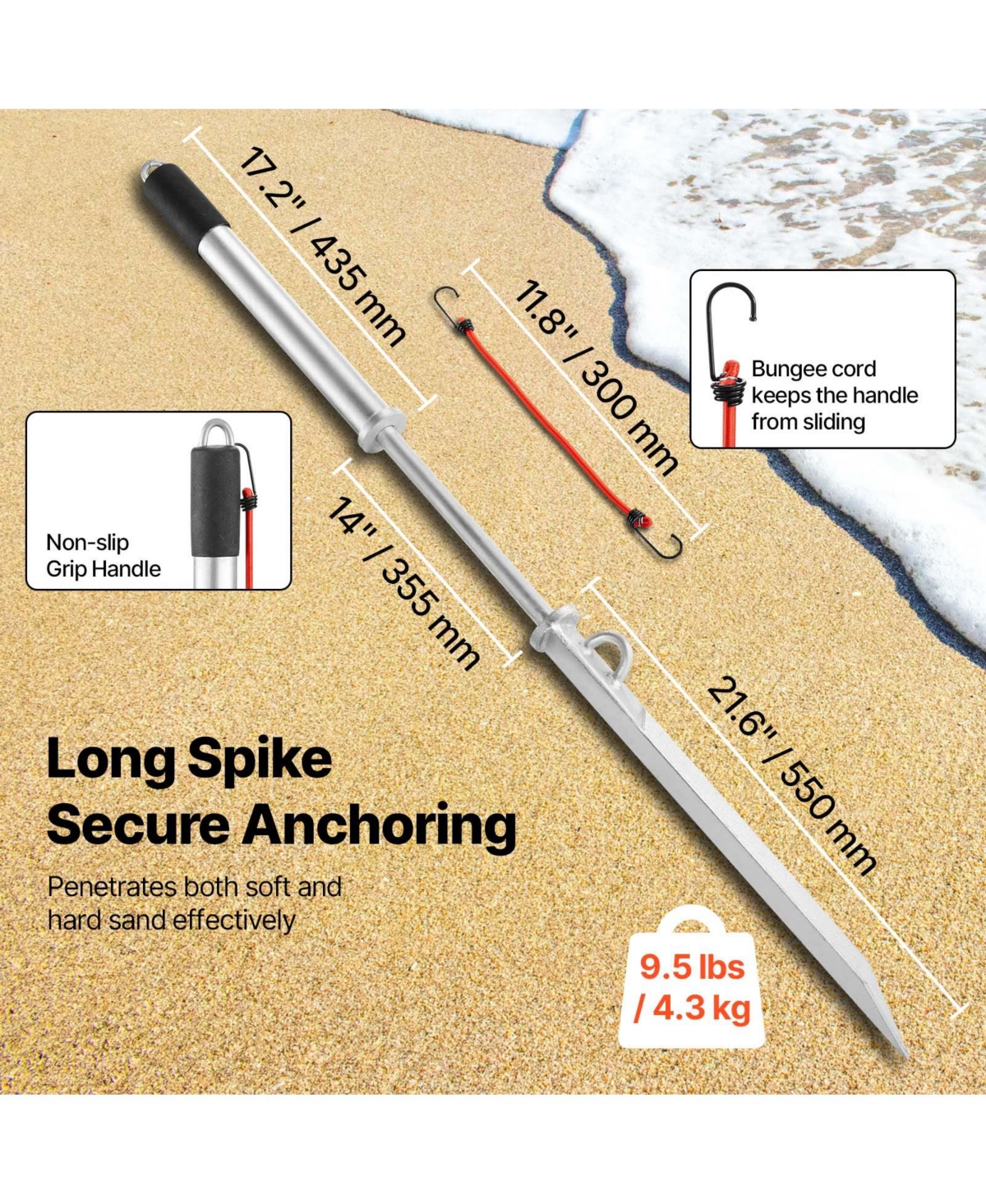 Sevorley Sand Spike Boat Anchor, 36 in Galvanized Steel Shore Spike for Beach and Sandbar