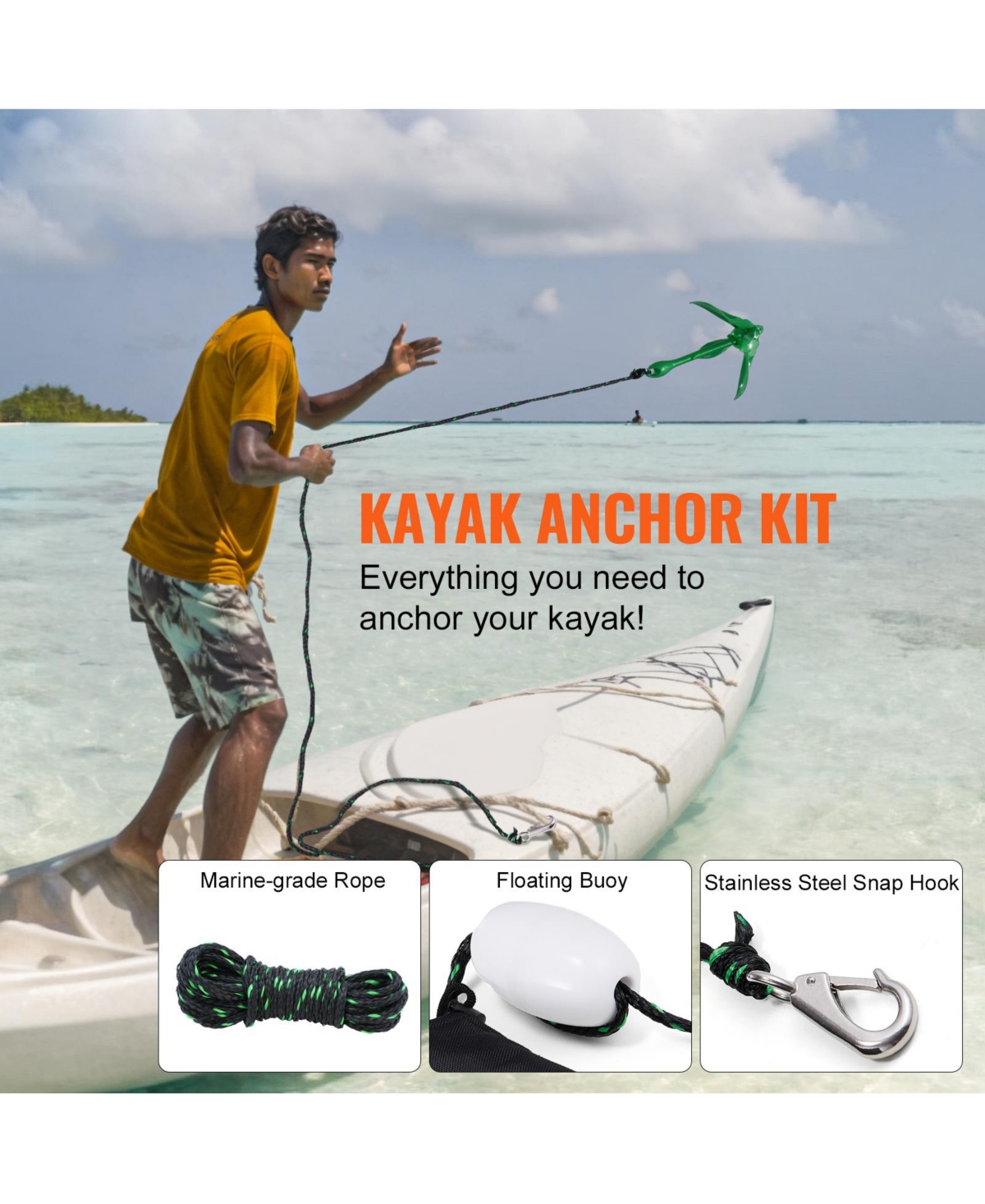 Sevorley Folding Kayak Anchor Kit, 3.5 lb Grapnel Anchor with 26 ft Rope, Buoy, Snap Hook and Storage Bag